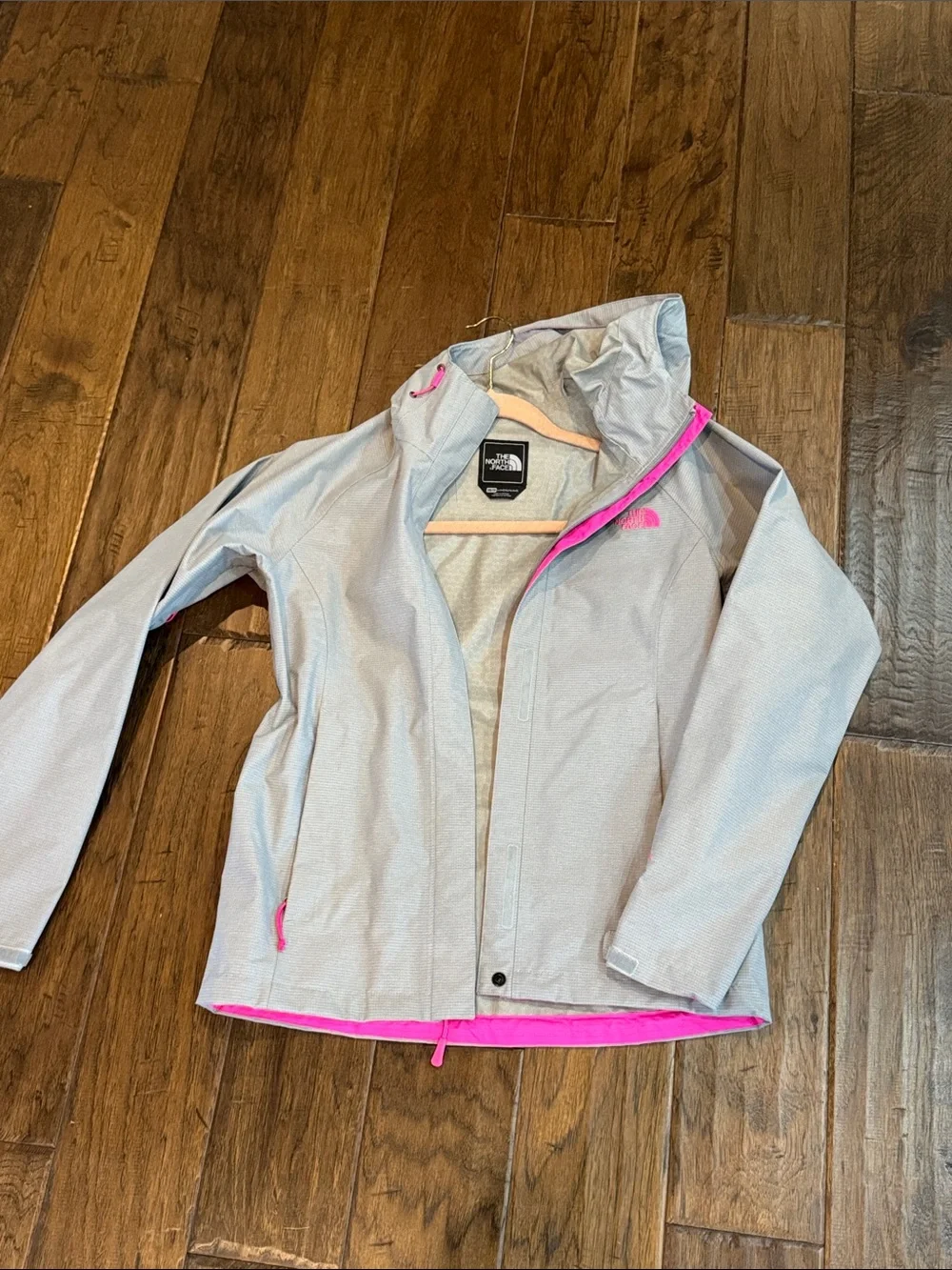 The North Face Light Gray Waterproof Hooded Jacket with Pink Trim